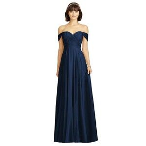 Dessy Collection Lux Off Shoulder Gown Chiffon Dress Sz 6 Midnight Blue NEW B91